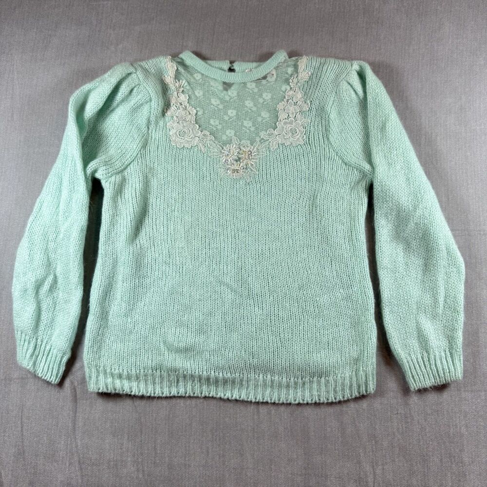 Vtg 80s Mint Green Lace Yoke Sweater Puff Sleeve Fuzzy Knit 22W Fit S/M Coquette